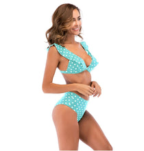 Load image into Gallery viewer, Lake Green and White Polka  Dot Print Ruffle Two-pieces  Vintage Swimwear
