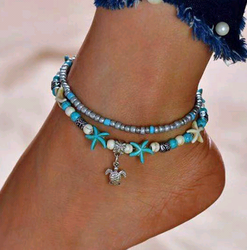 Turquoise Starfish Tortoise Pendant Double Layer Anklet