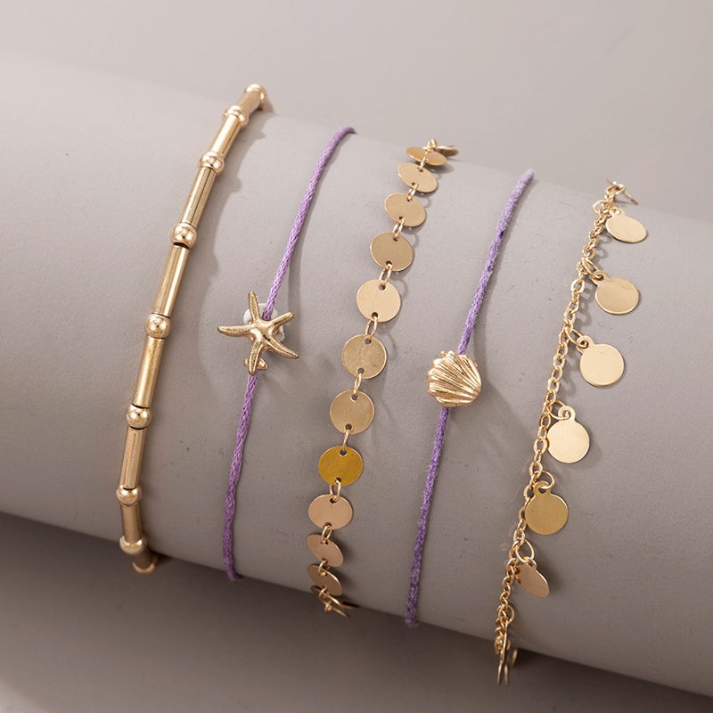 Bohemian  Style Starfish  & Scallop Anklet -5piece Set